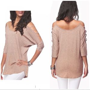 IGenjun | Tan Tunic Top Loose Hallowed Out Shoulder 3/4 Sleeve Shirt